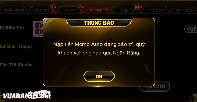 Vẫn còn bảo trì cổng nạp ví điện tử khiến người chơi không thể nạp rút
