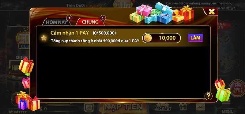 Làm nhiệm vụ nạp tiền qua 1 Pay được tặng thêm 10.000 Xu